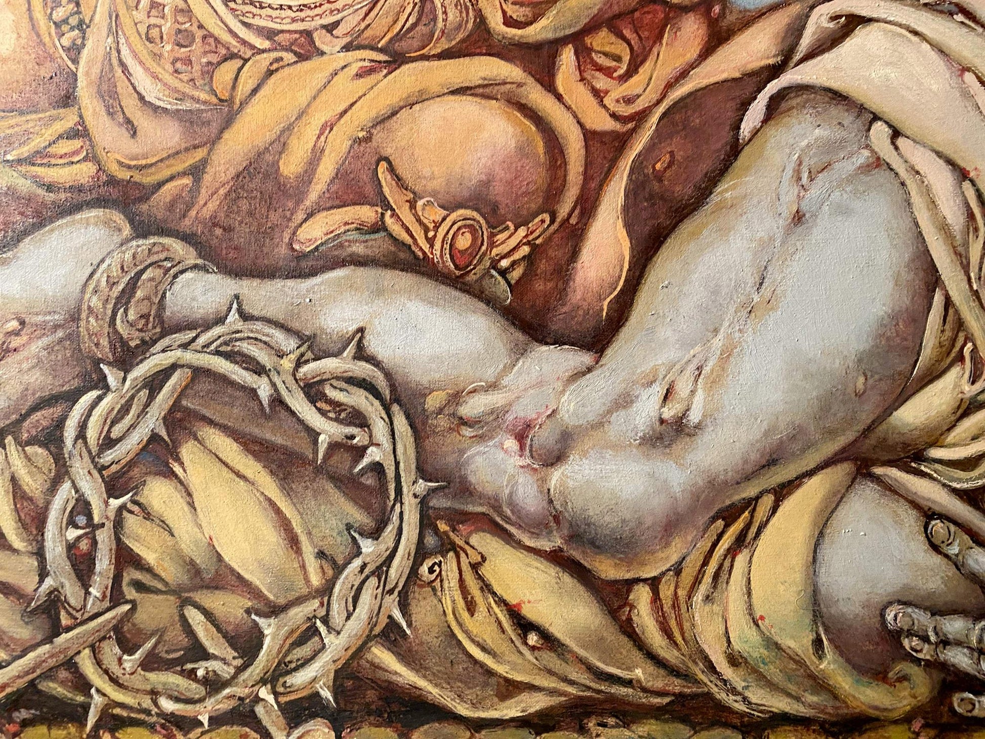 Oil painting of pale muscular foot with silver crown of thorns by Litvinov Oleg Arkad’yevich