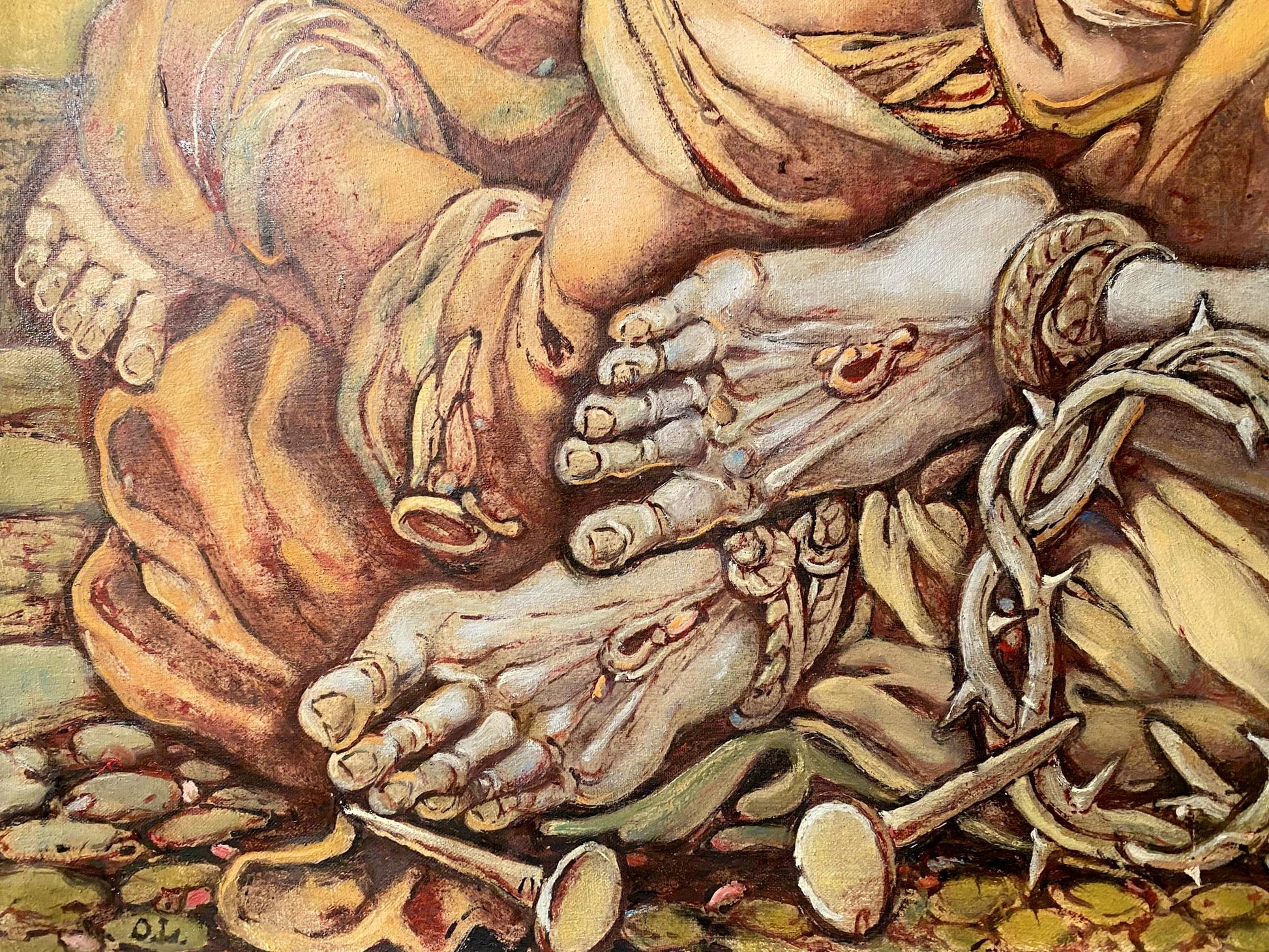 Oil painting Passion of Christ by Litvinov Oleg Arkad’yevich: chained gaunt hands and curled foot