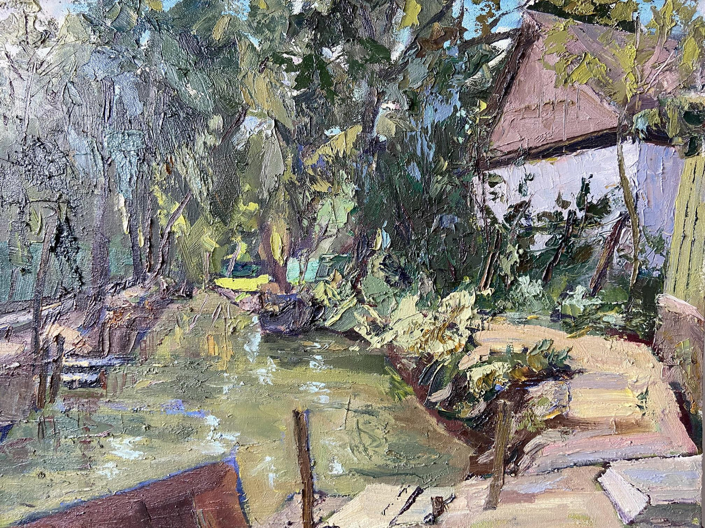 Oil painting Vilkovo by Gaponchenko Ivan Ivanovich, rustic house in lush trees by stream