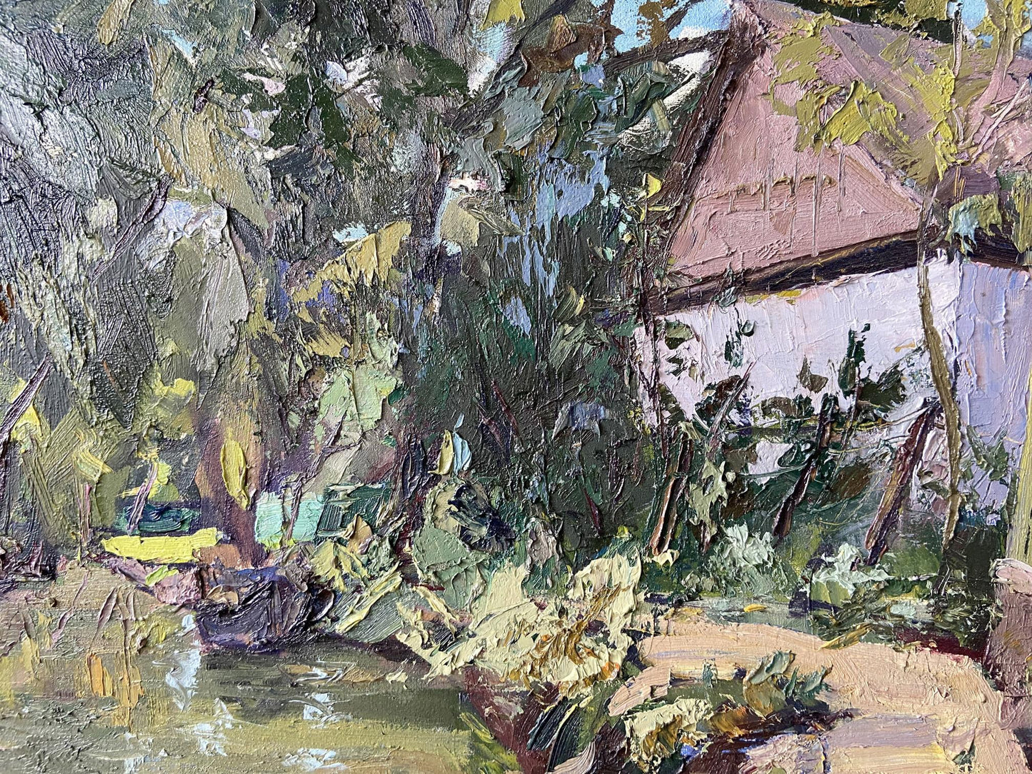 Oil painting Vilkovo by Gaponchenko Ivan Ivanovich textured impressionist rustic house in lush greenery