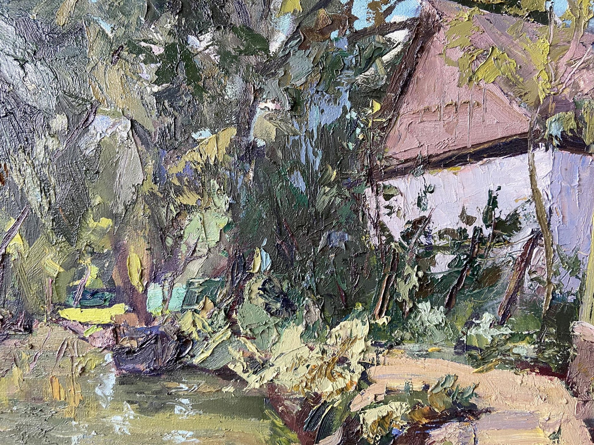 Oil painting Vilkovo by Gaponchenko Ivan Ivanovich textured impressionist rustic house in lush greenery