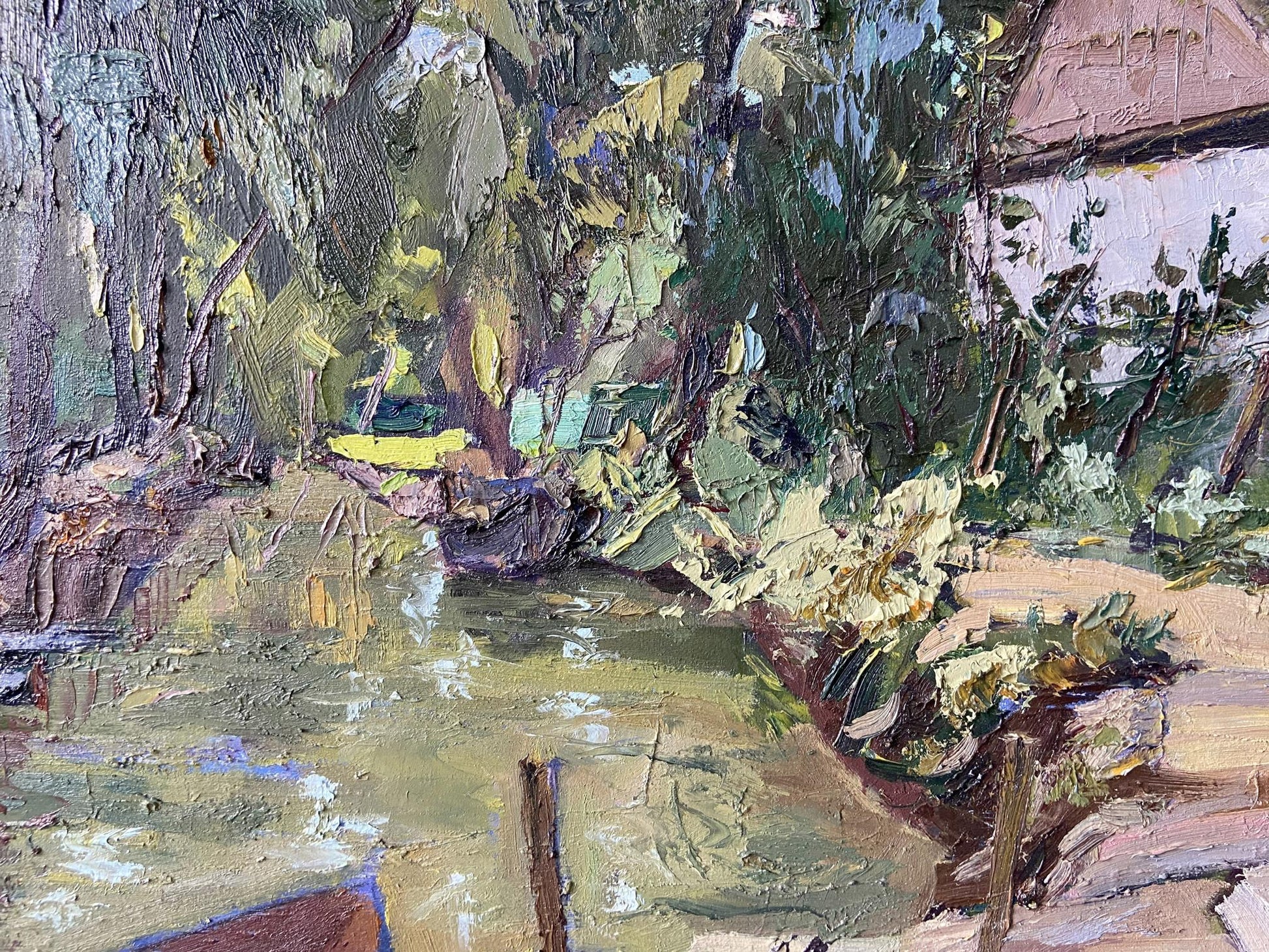 Impasto oil painting Vilkovo by Gaponchenko Ivan Ivanovich, lush riverbank