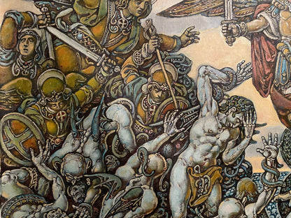 Oil painting of Michael the Archangel battling skeletons by Litvinov Oleg Arkad’yevich