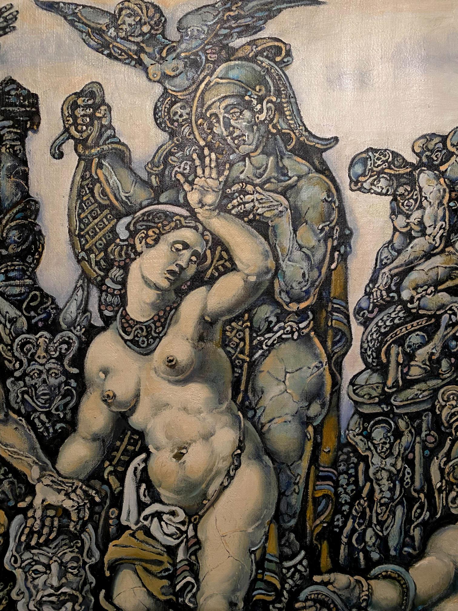Dark stylized nude female in ornate armor, King Oedipus and Sphinx oil painting by Litvinov