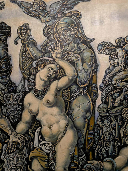 Dark stylized nude female in ornate armor, King Oedipus and Sphinx oil painting by Litvinov