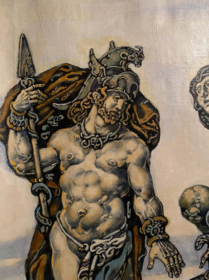 Muscular bearded King Oedipus in ornate armor spears Sphinx oil painting