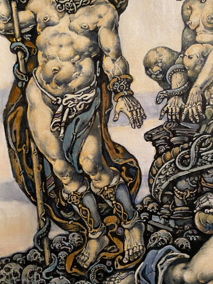 Muscular nude King Oedipus in dynamic pose with golden chains, skulls background