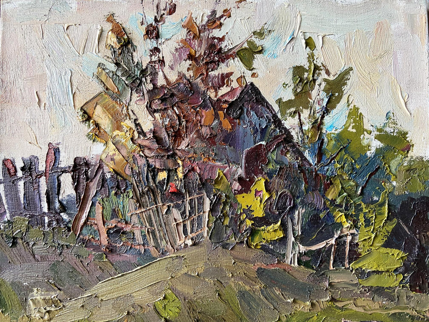 Impasto oil painting by Gaponchenko Ivan Ivanovich of abandoned village fence