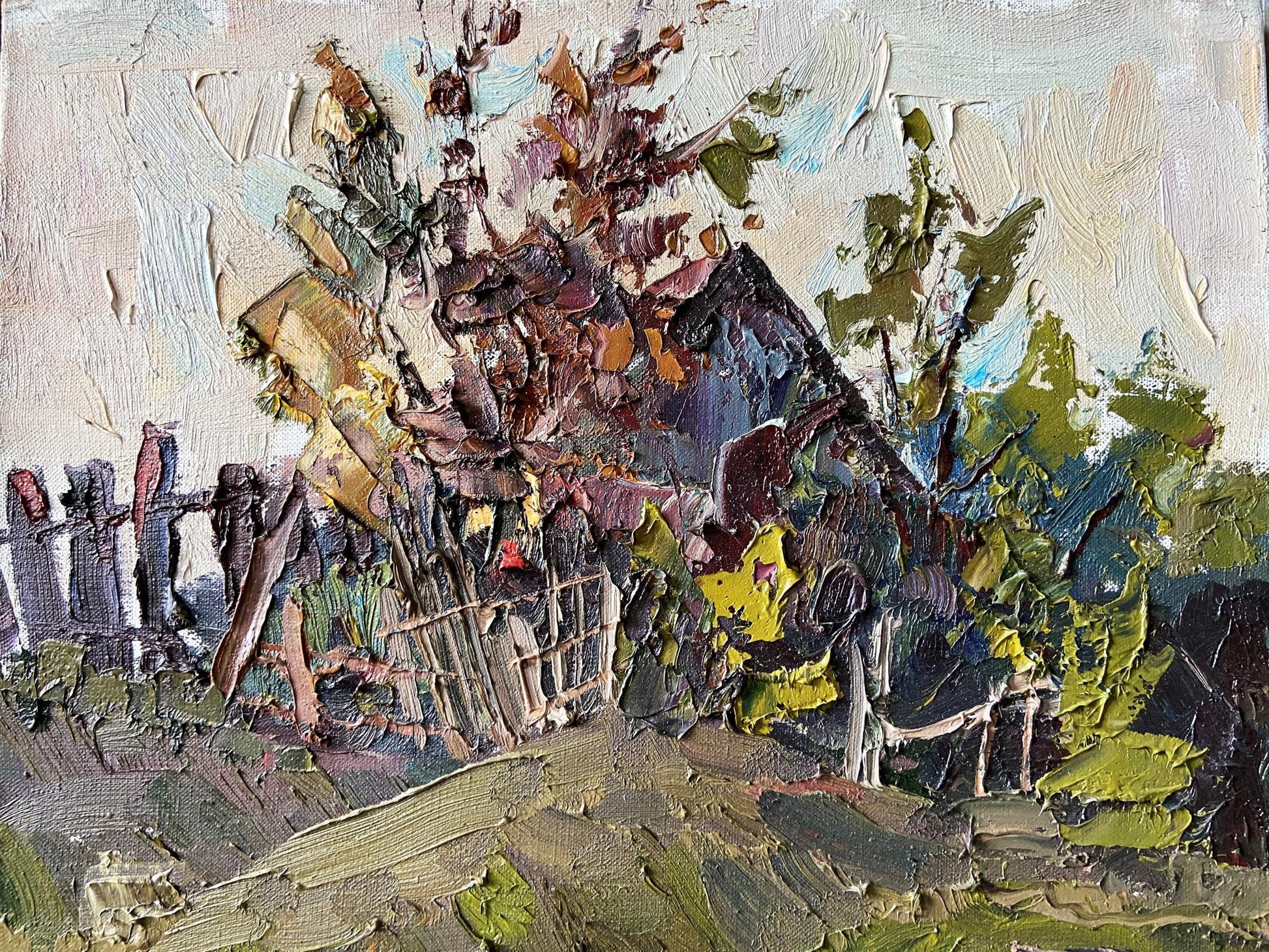 Impasto oil painting by Gaponchenko Ivan Ivanovich of abandoned village fence