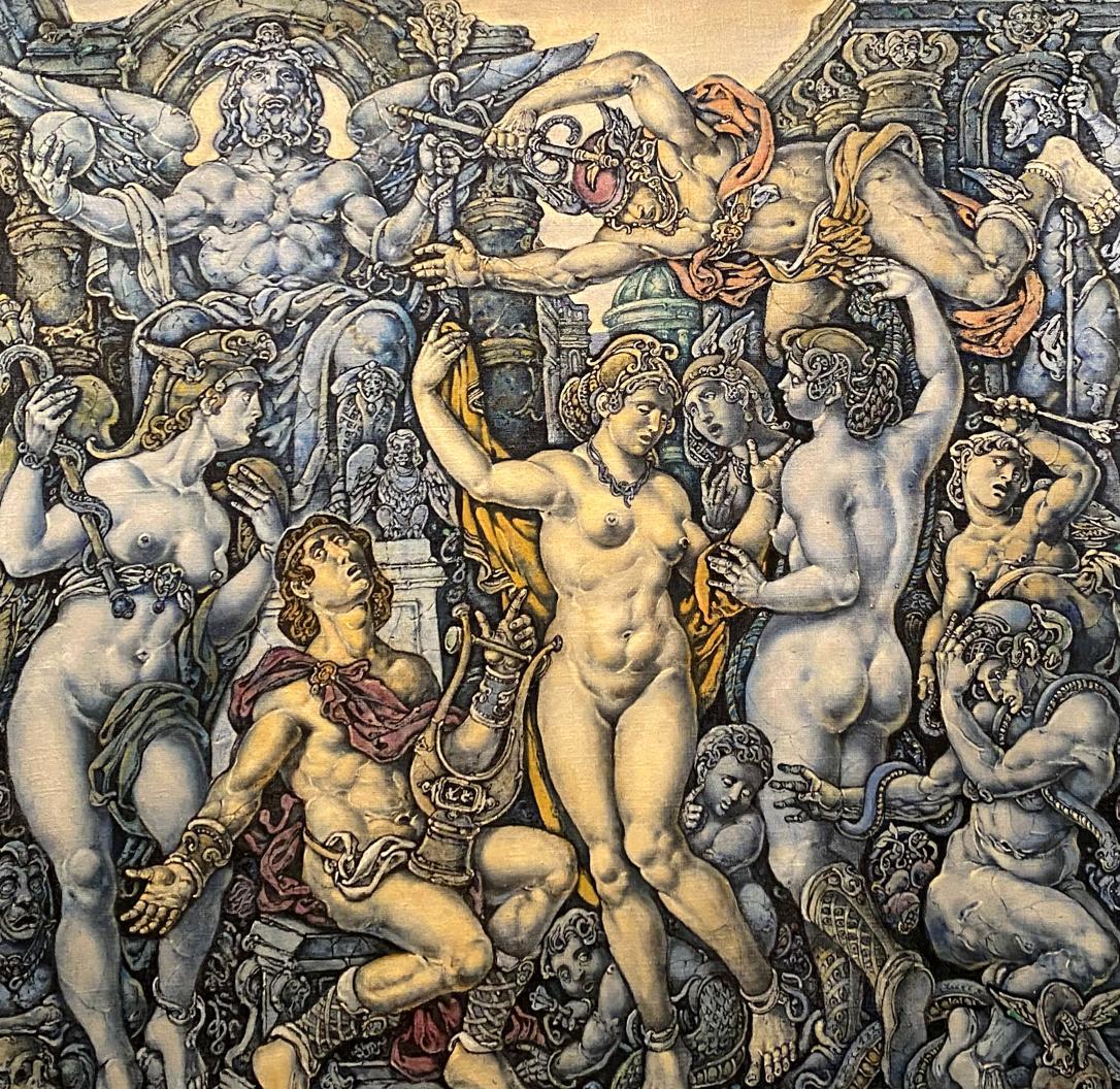 Oil painting of nude muscular Orpheus with golden skin by Oleg Litvinov