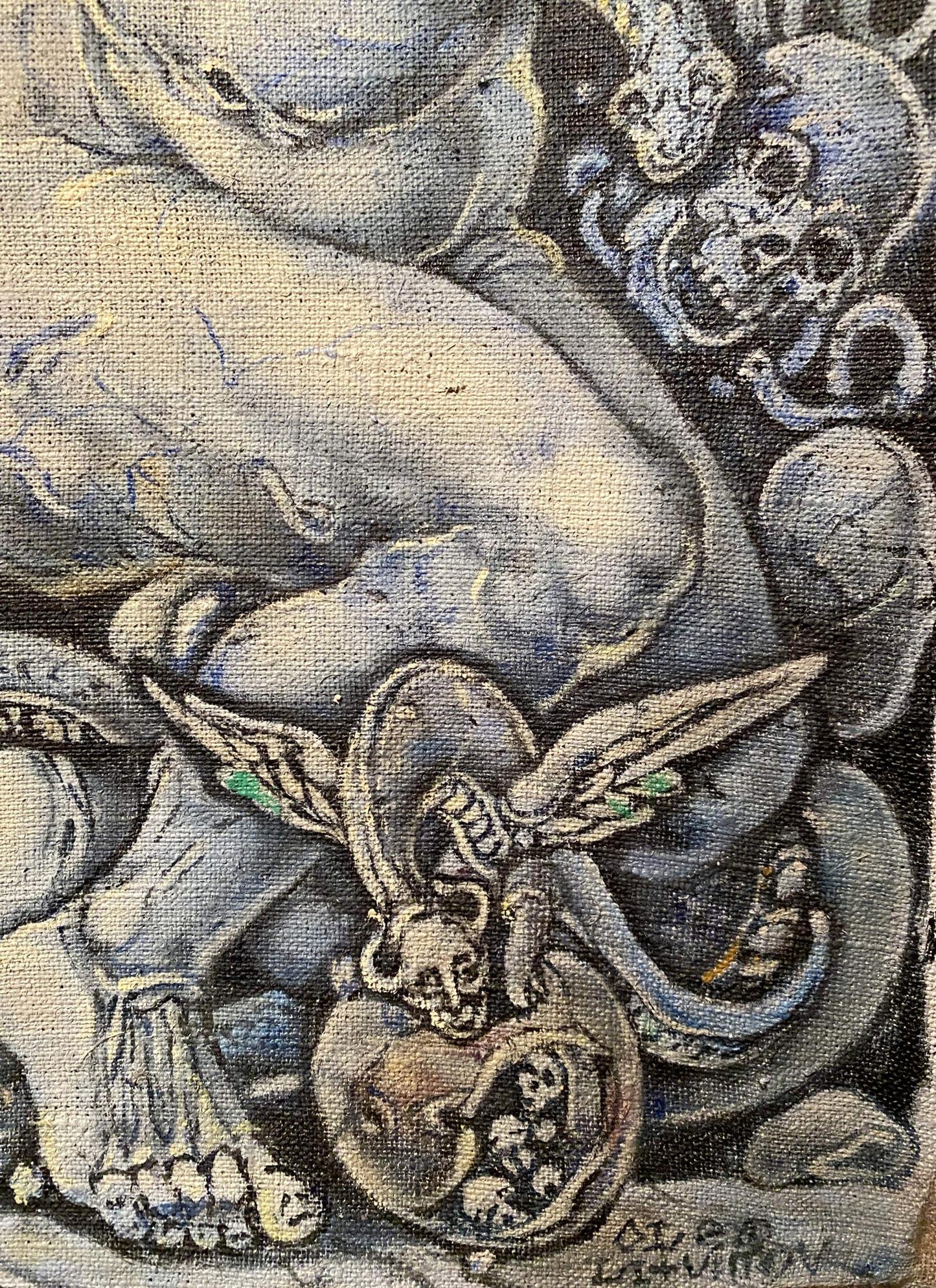 Oil painting Orpheus and Eurydice by Oleg Litvinov, surreal skulls and winged figures