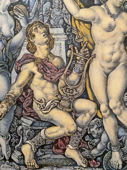 Oil painting of muscular nude Orpheus by Oleg Litvinov with red drapery