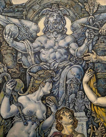 Oil painting of winged muscular bearded Orpheus and Eurydice by Oleg Litvinov