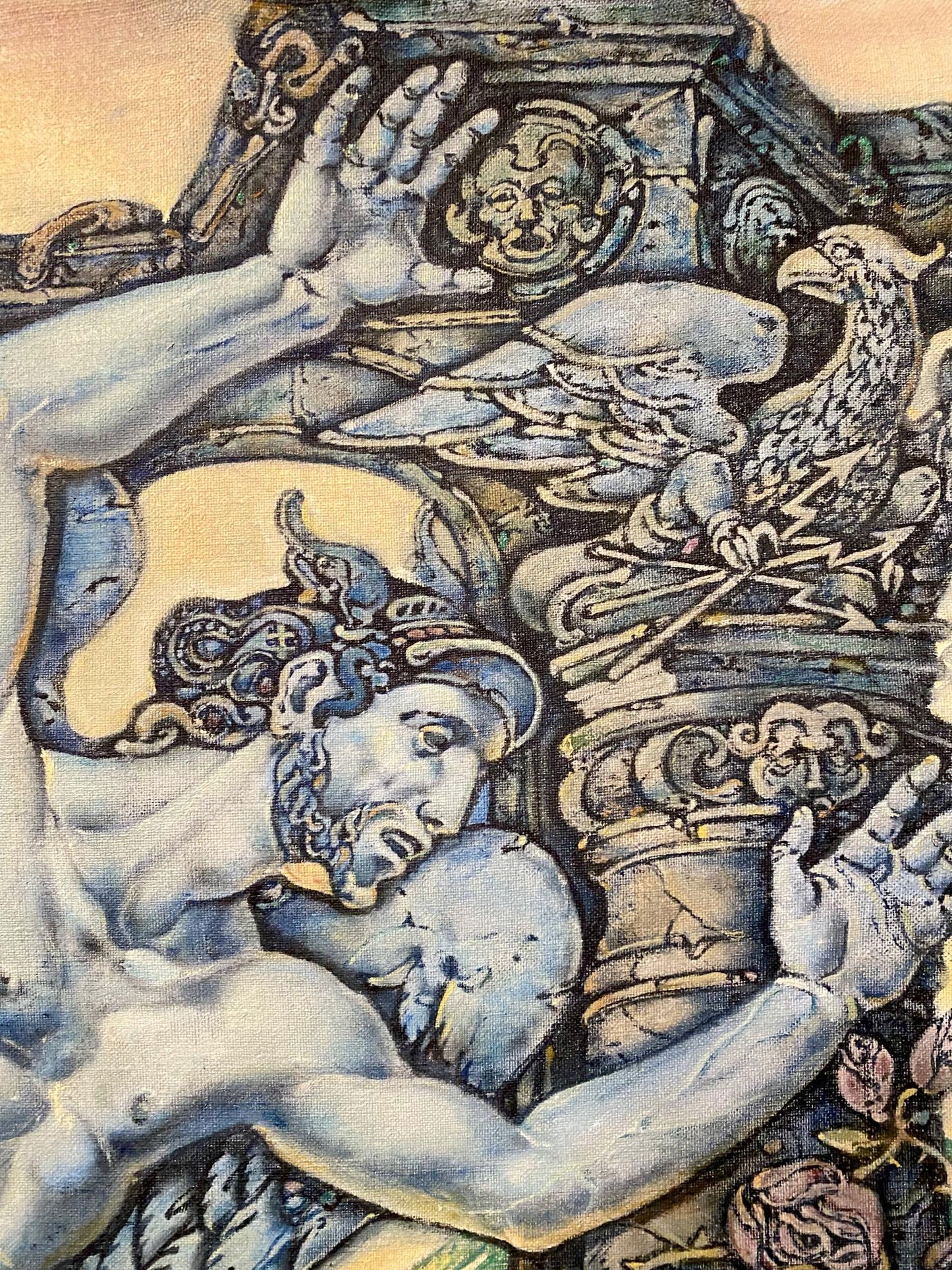 Blue and white relief sculpture of Orpheus and Eurydice by Oleg Litvinov
