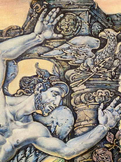Blue and white relief sculpture of Orpheus and Eurydice by Oleg Litvinov