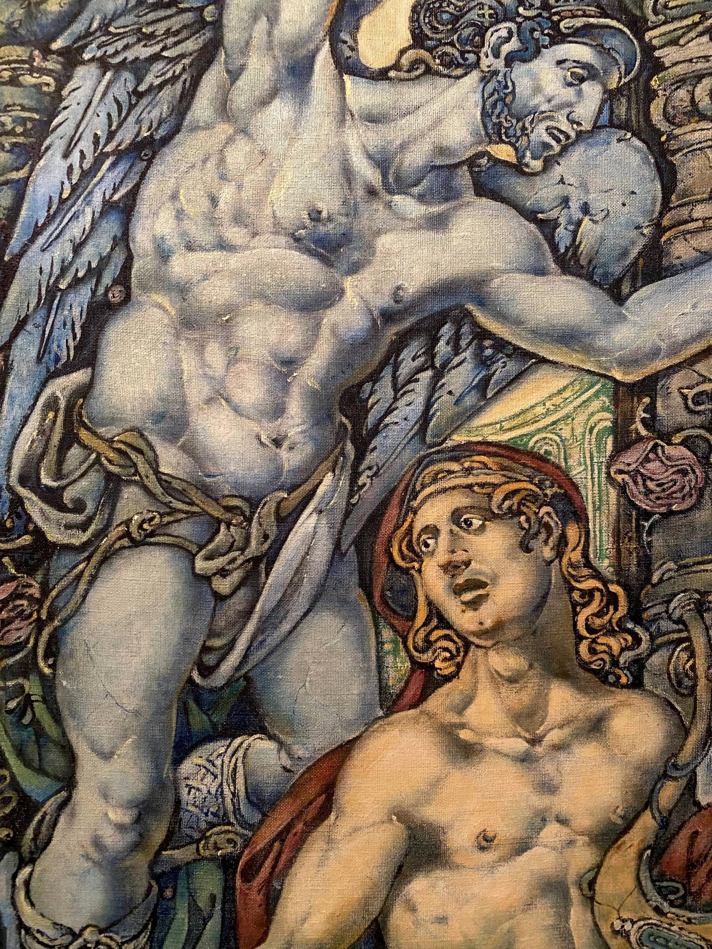 Muscular winged angel in blue-gray tapestry with gold chains, Orpheus and Eurydice oil painting by Oleg Litvinov