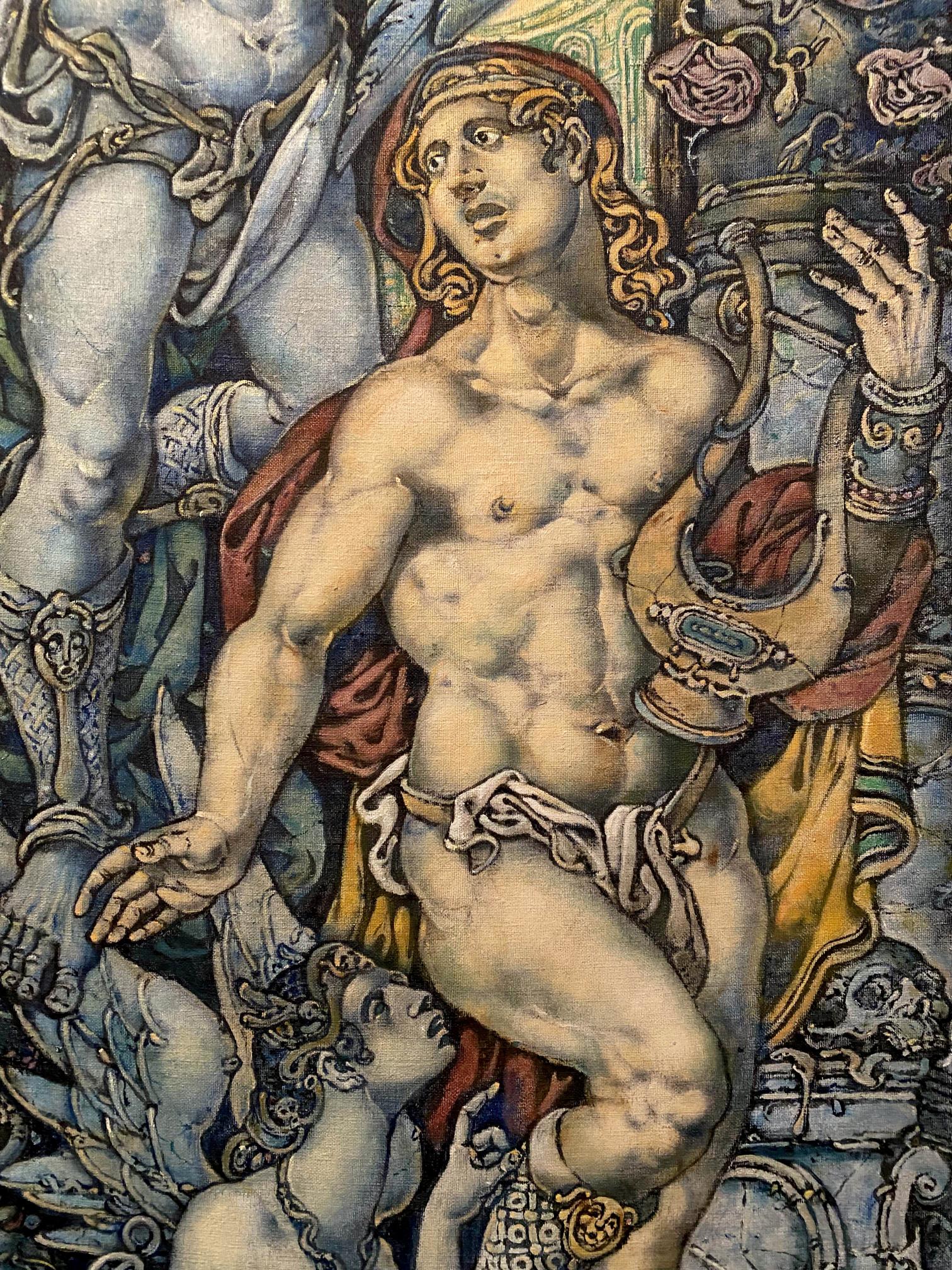 Muscular nude Orpheus with golden curls and red headband in Litvinov oil painting