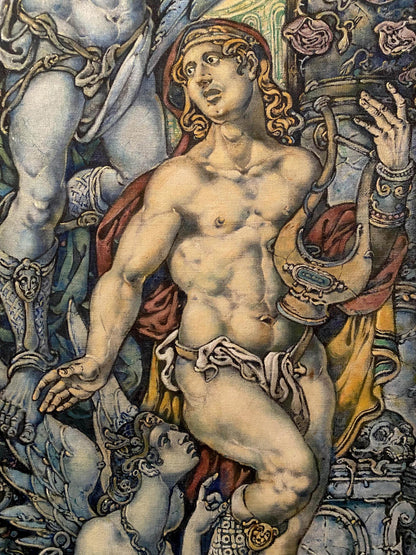 Muscular nude Orpheus with golden curls and red headband in Litvinov oil painting