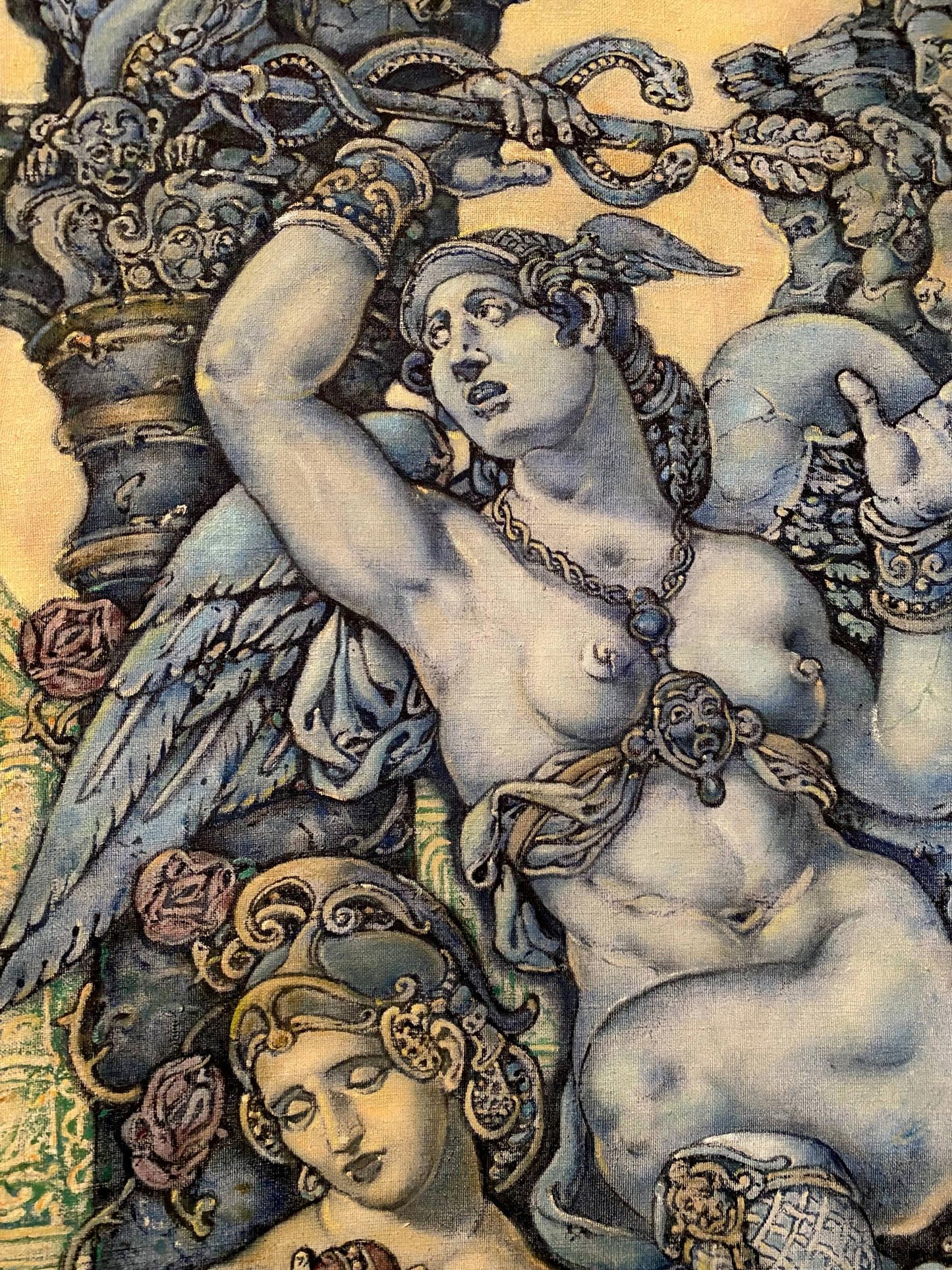 Detailed tapestry of winged Orpheus and Eurydice by Oleg Litvinov