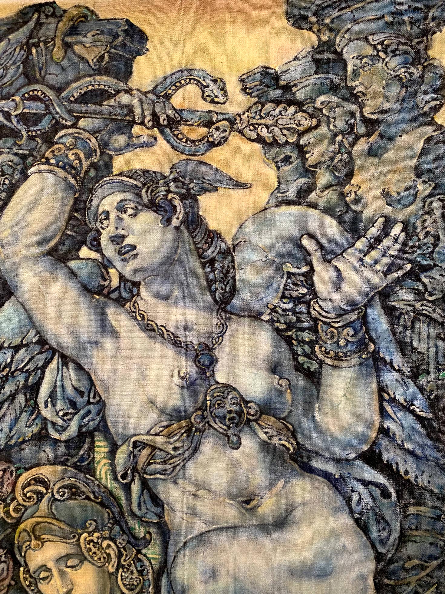 Mythological tapestry of winged female with jewelry, Orpheus and Eurydice portrait