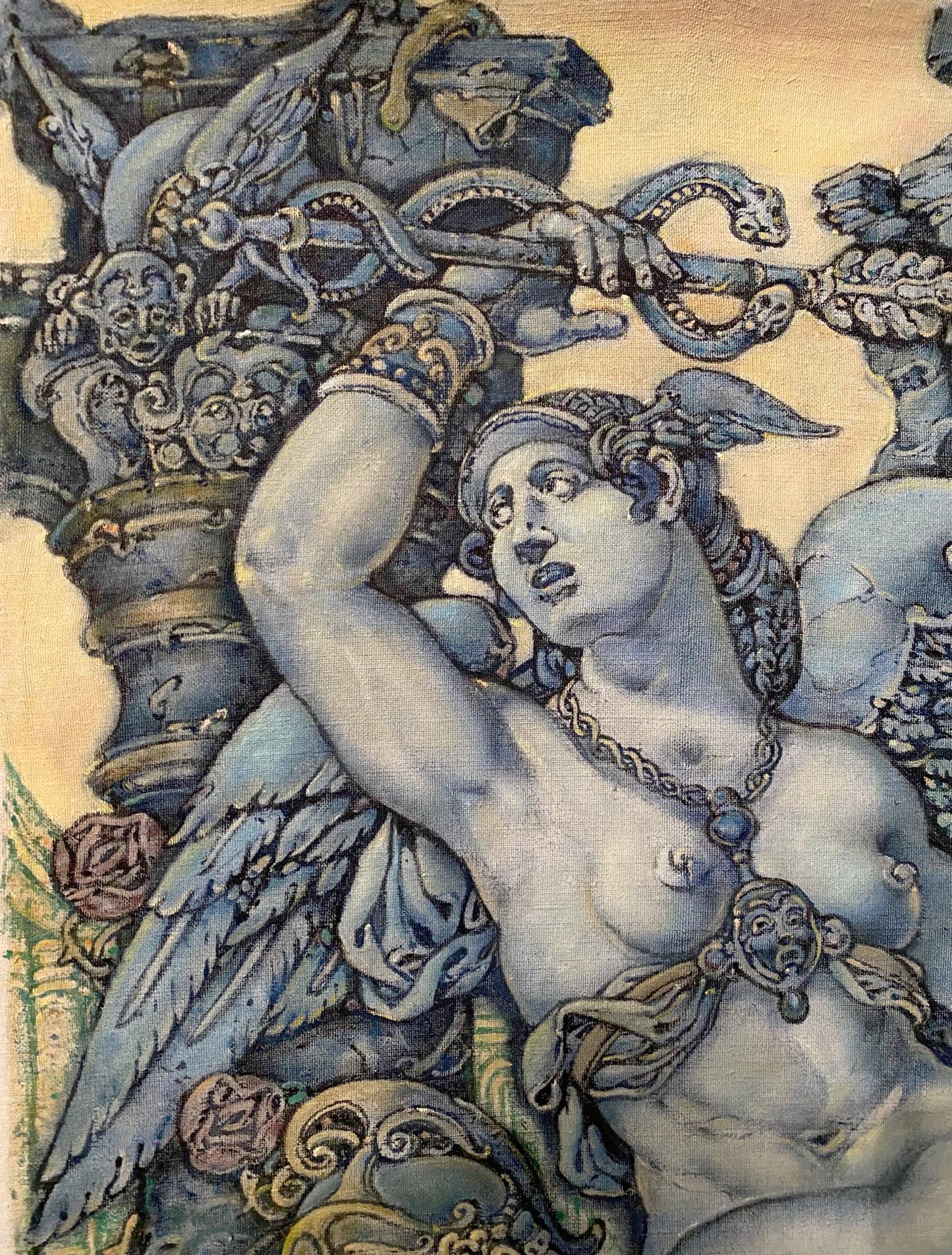 Ornate winged female with blue gold wings in Orpheus Eurydice portrait