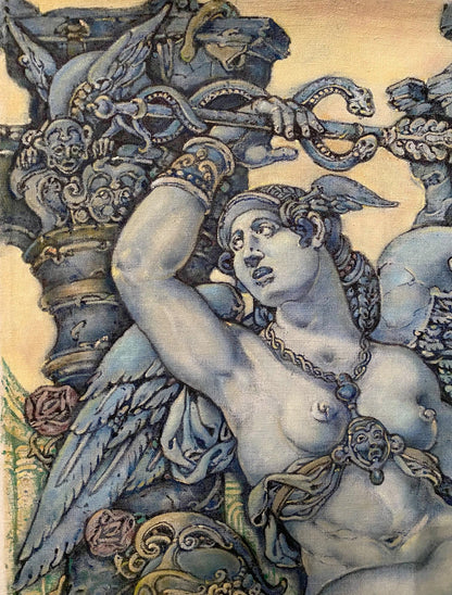Ornate winged female with blue gold wings in Orpheus Eurydice portrait