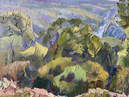 Textured impressionist oil painting by Gaponchenko Ivan Ivanovich: rocky landscape in earthy greens, purples, blues