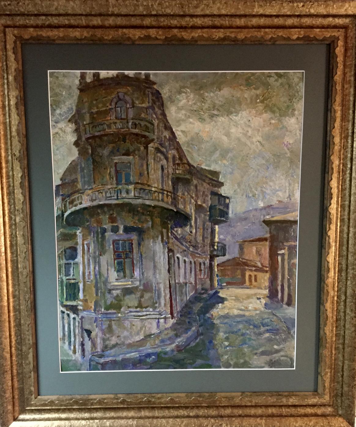 Oil painting Outska street Kropko by Alexander Petrovich in ornate gold frame