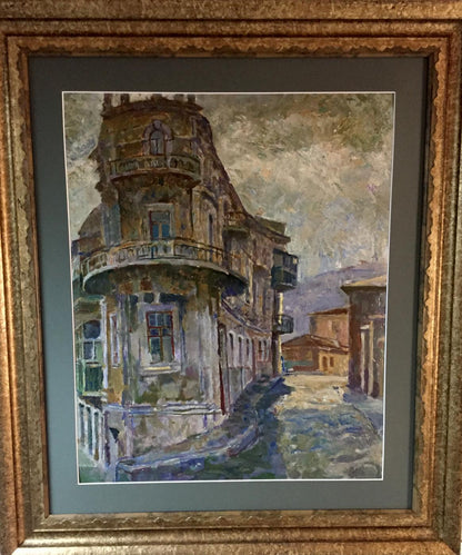 Oil painting Outska street Kropko by Alexander Petrovich in ornate gold frame