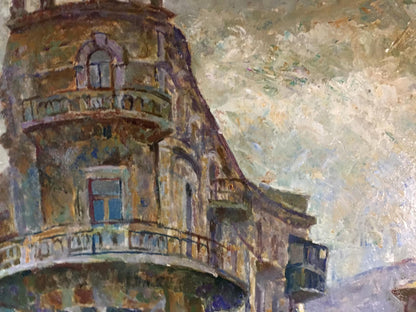 Oil painting Outska street Kropko by Alexander Petrovich, textured ochre building