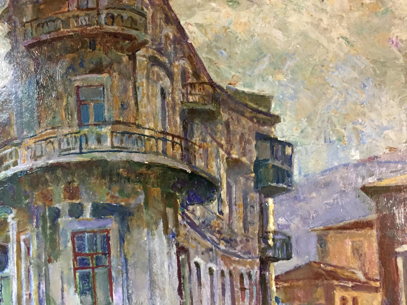 Oil painting Outska street by Kropko Alexander Petrovich, ornate balconies