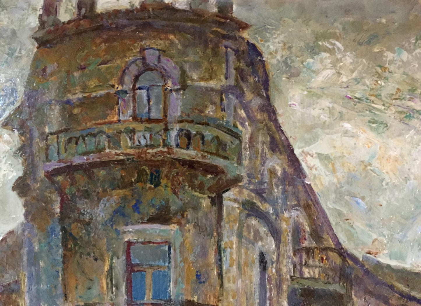 Oil painting of weathered ochre stone tower on Outska street by Kropko Alexander Petrovich