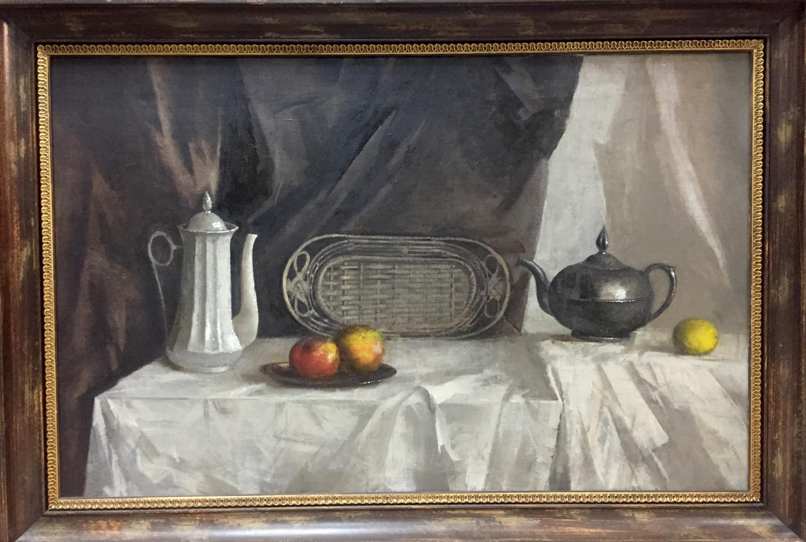 Oil painting of silver coffee pot in strict still life by Alexey Vlasov