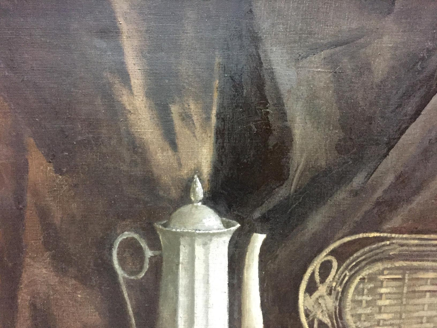 Silver-toned ridged coffee pot with domed lid in Alexey Vlasov oil painting