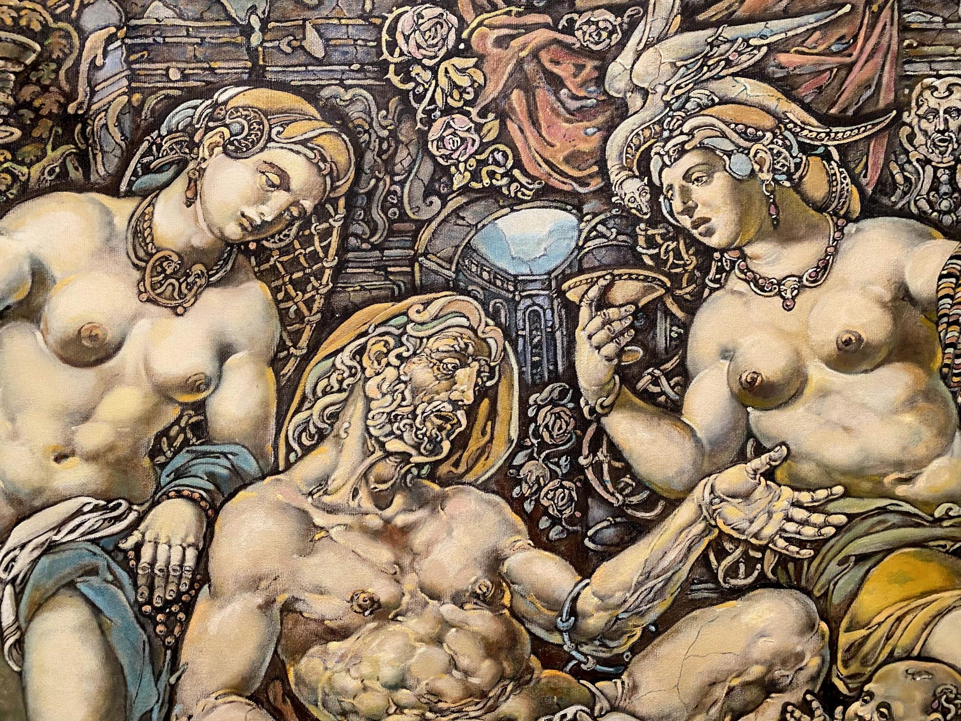 Classical oil painting of muscular nude Lot and daughters by Litvinov Oleg Arkad’yevich