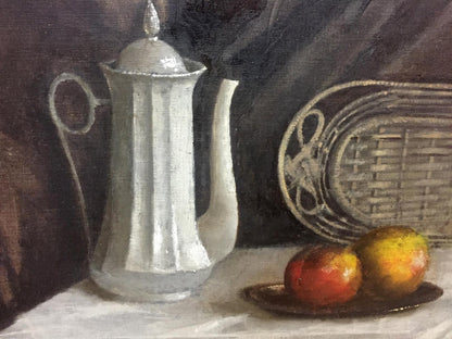 Silver-toned ribbed coffee pot with lid in Alexey Vlasov strict still life oil painting