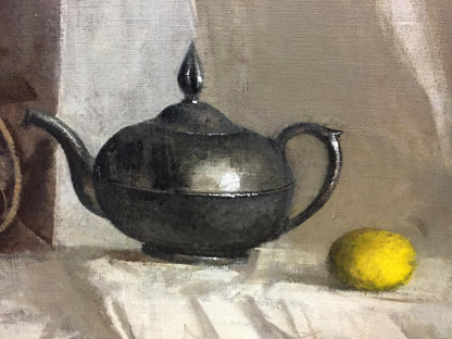 Oil painting of dark metallic teapot and yellow lemon by Alexey Vlasov
