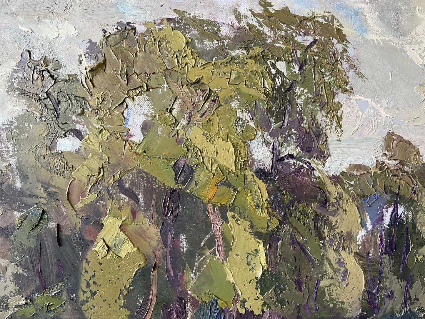 Impressionistic oil painting of textured foliage in olive green tones by Gaponchenko Ivan Ivanovich, It will be raining