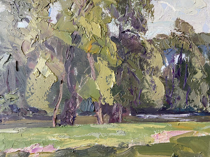 Textured impressionist oil painting of olive purple trees by Gaponchenko Ivan Ivanovich