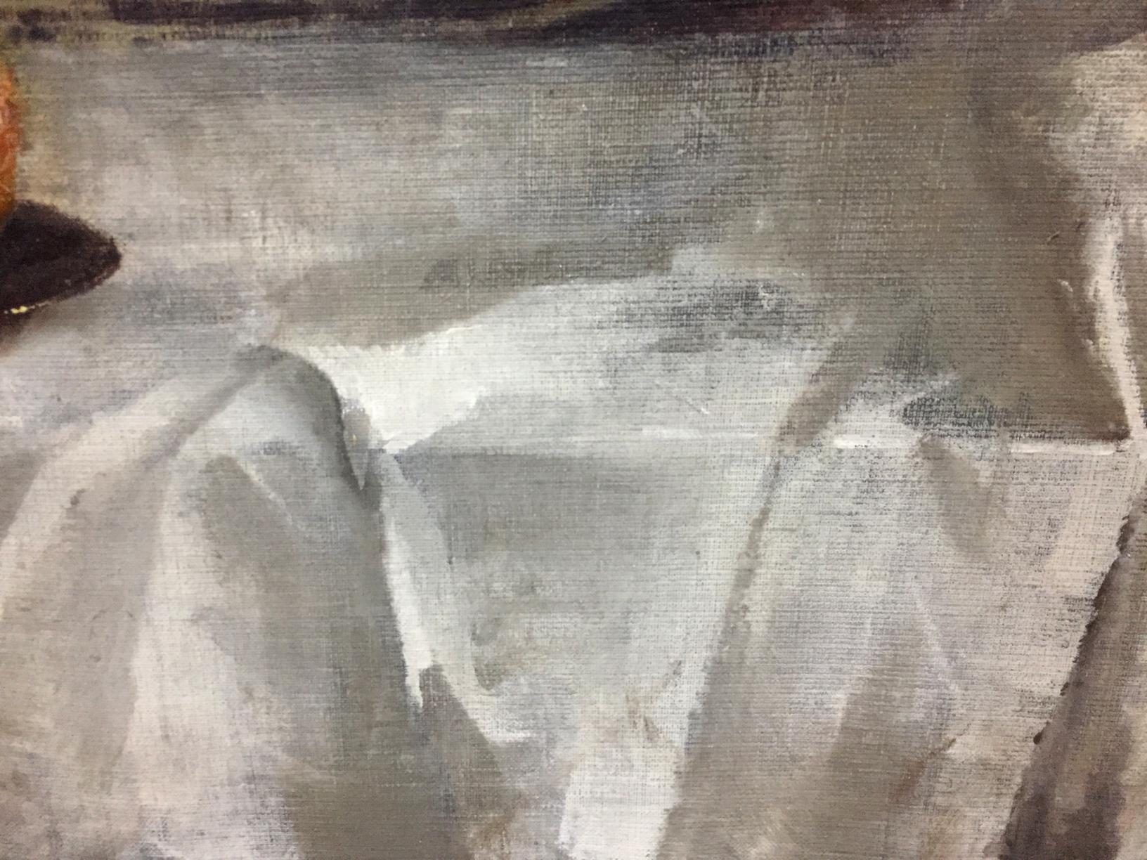 Textured gray white oil painting of strict still life draped fabric by Alexey Vlasov