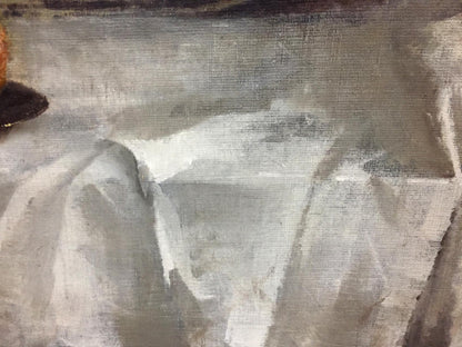 Textured gray white oil painting of strict still life draped fabric by Alexey Vlasov