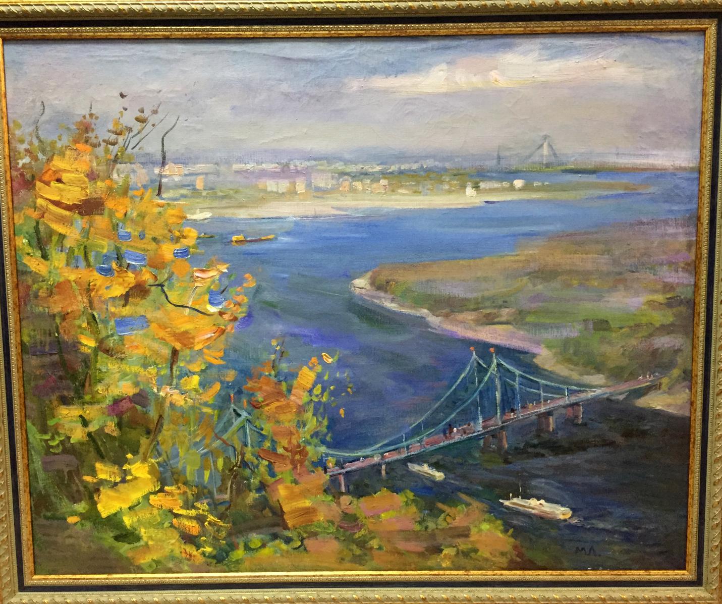 Oil painting by Marina Grigor’yevna Lel’chuk-M.aya: autumn river with blue bridge
