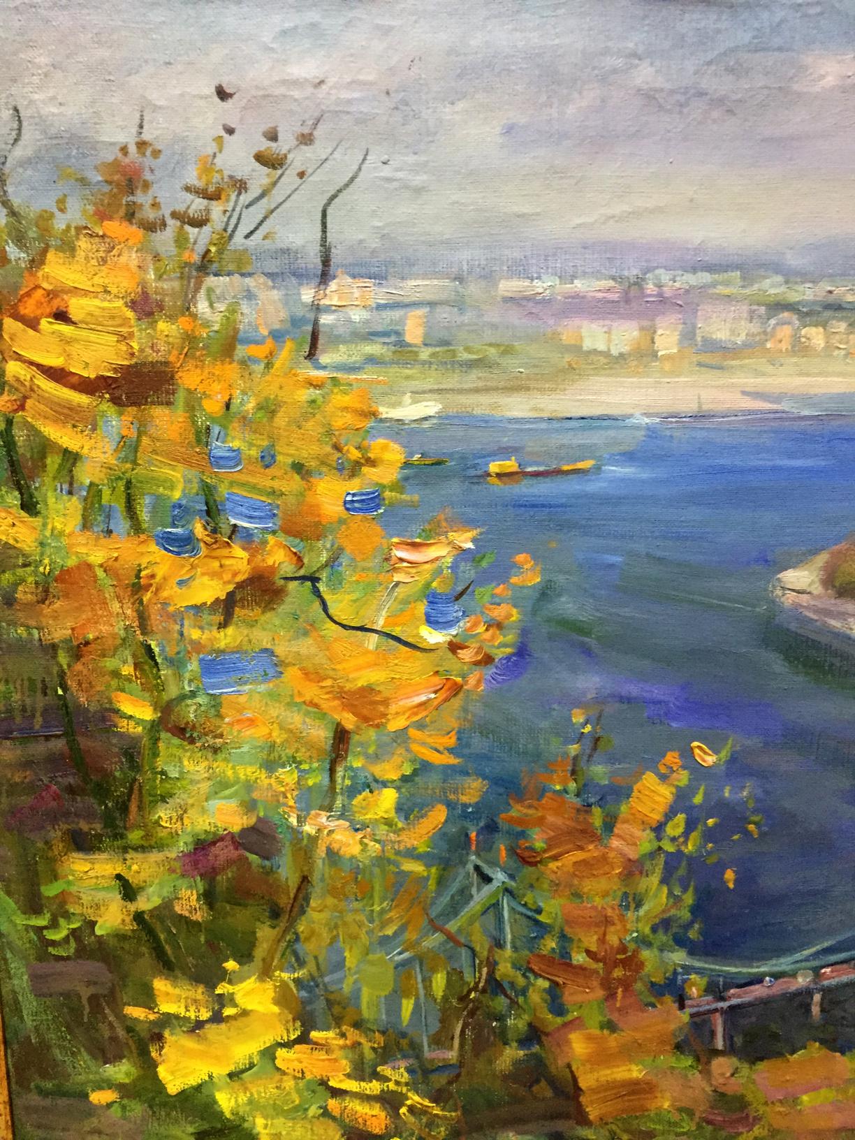 Oil painting Kiev Lelchuk-M.aya Marina Grigorievna: yellow flowers, river, cityscape