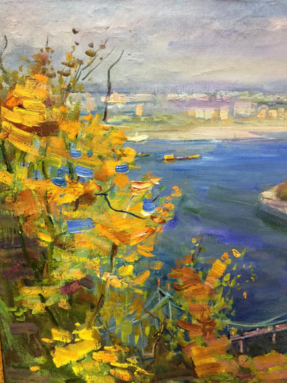 Oil painting Kiev Lelchuk-M.aya Marina Grigorievna: yellow flowers, river, cityscape