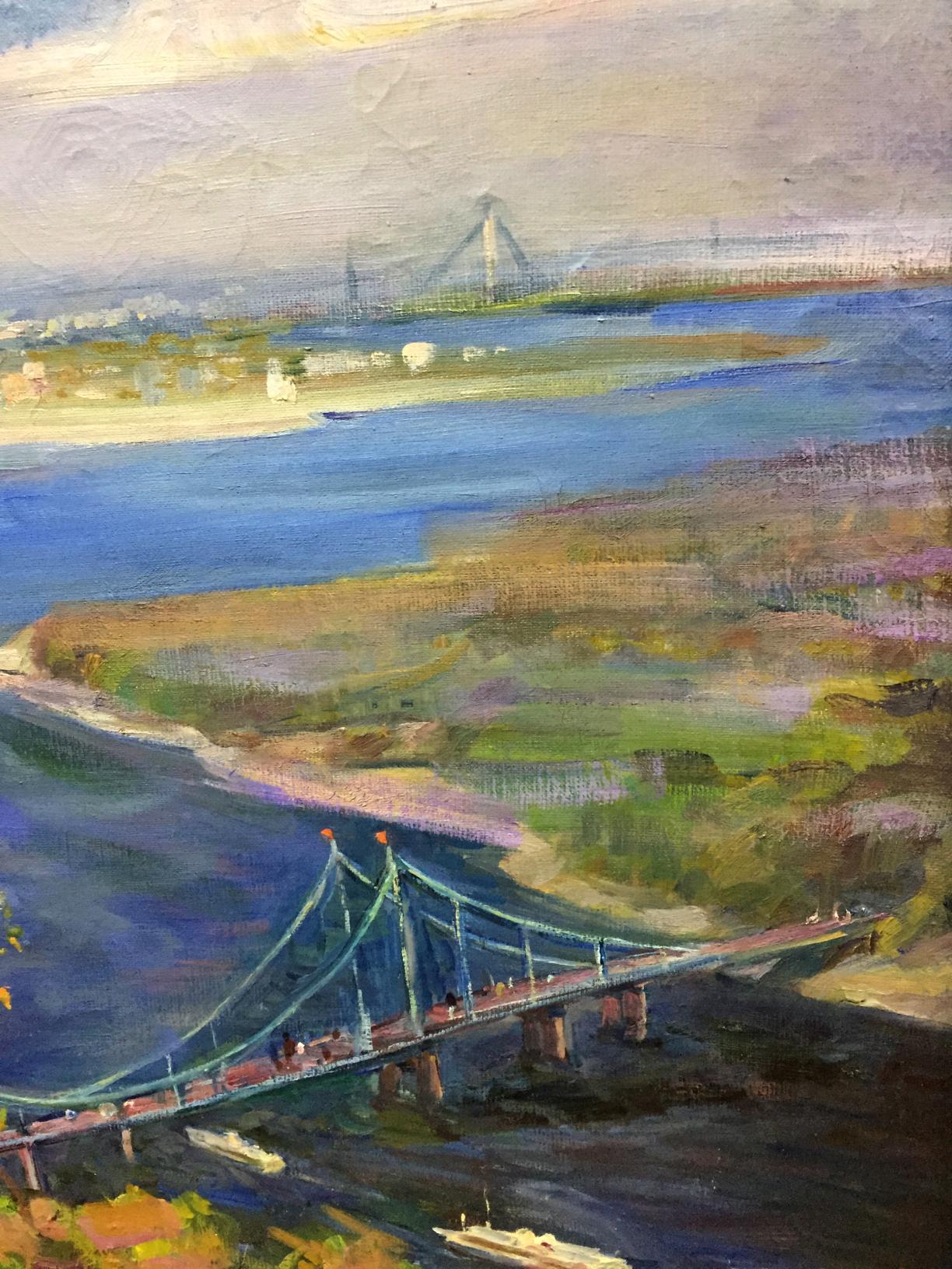 Vibrant impressionist oil painting of suspension bridge by Kiev Lel’chuk-M.aya Marina Grigor’yevna