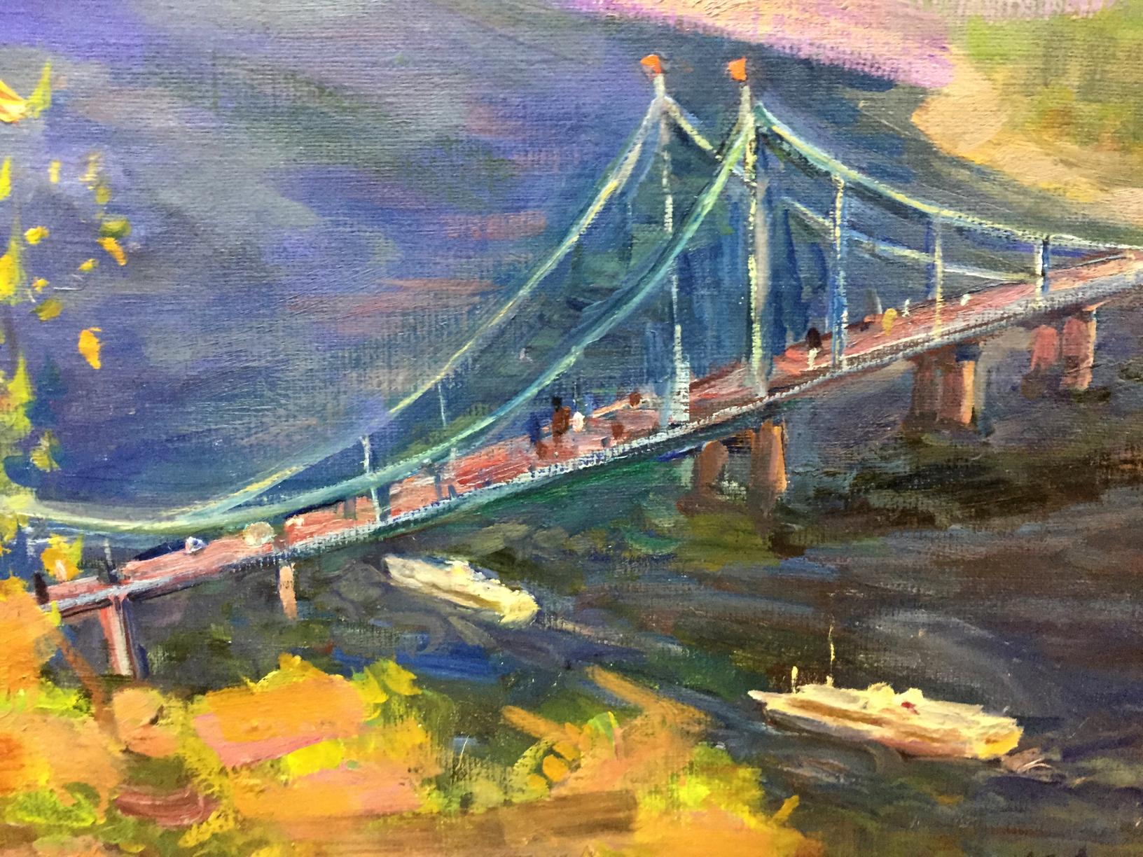 Vibrant impressionistic oil painting of suspension bridge by Marina Grigor’yevna Lel’chuk-M.aya