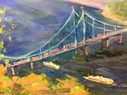 Vibrant impressionistic oil painting of suspension bridge by Marina Grigor’yevna Lel’chuk-M.aya