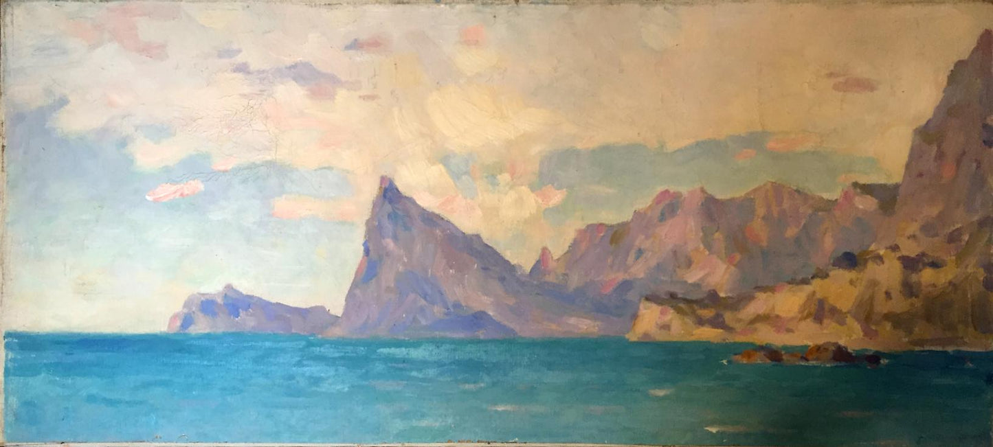 Oil painting Seascape by Bortnikov Nikolay Fedorovich: purple cliffs, turquoise sea