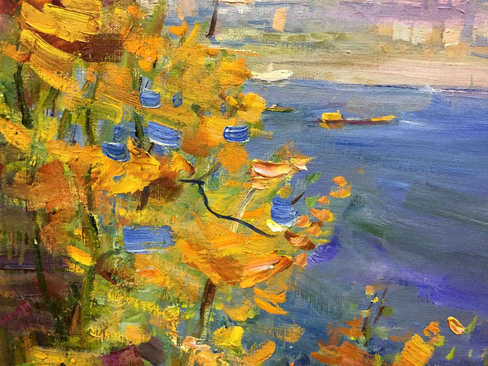 Vibrant yellow orange flowers blue waterway by Marina Grigor’yevna Kiev Lel’chuk-M.aya oil painting
