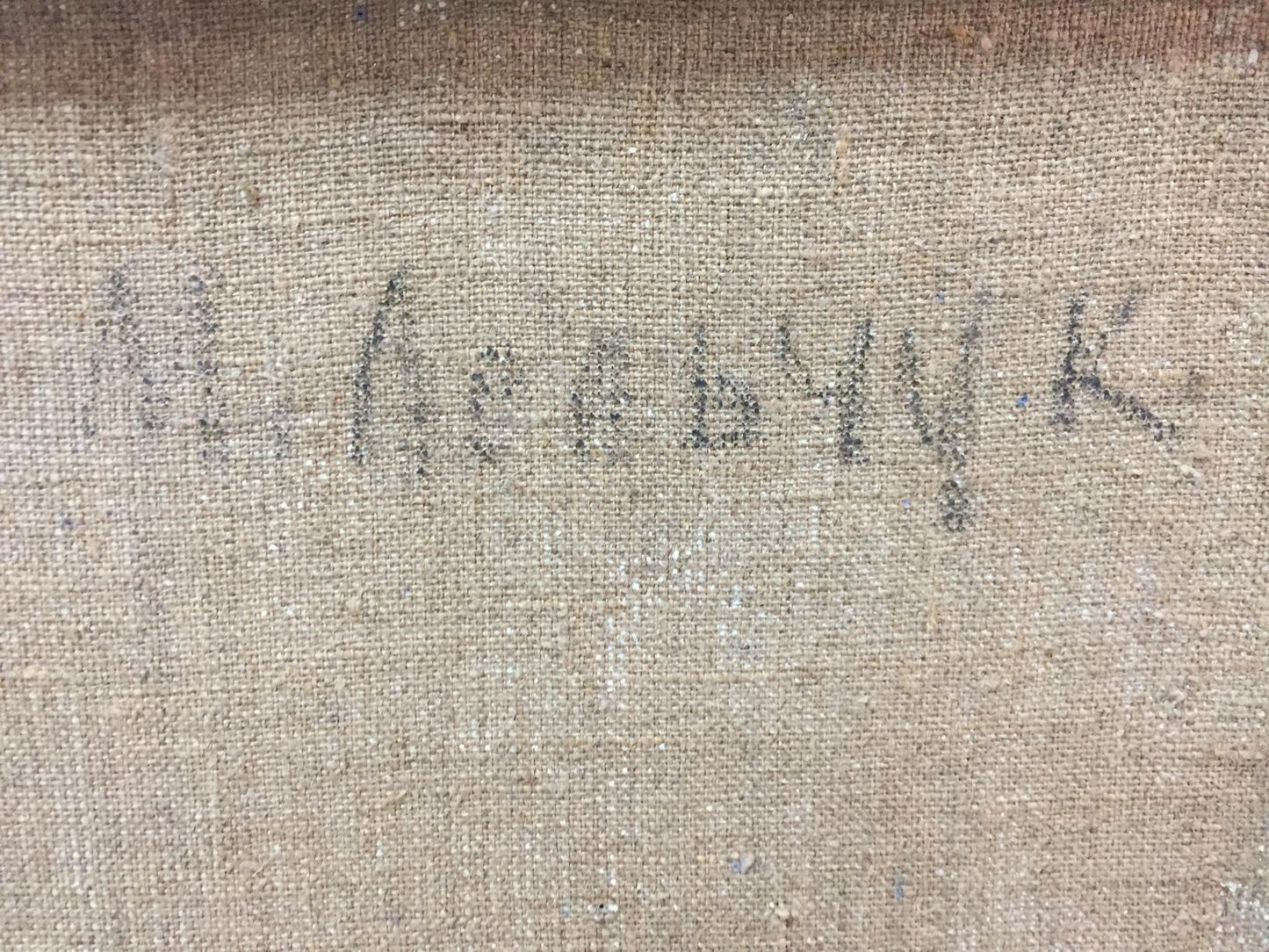 Back of Oil painting Kiev by Lelchuk-M.aya Marina Grigorievna, beige canvas with faint gray signature